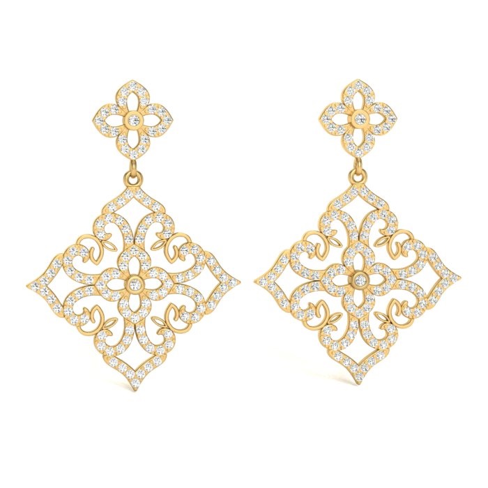 14K YELLOW GOLD FILIGREE DESIGN PAVE DIAMOND SQUARE DROP DESIGN EARRINGS
